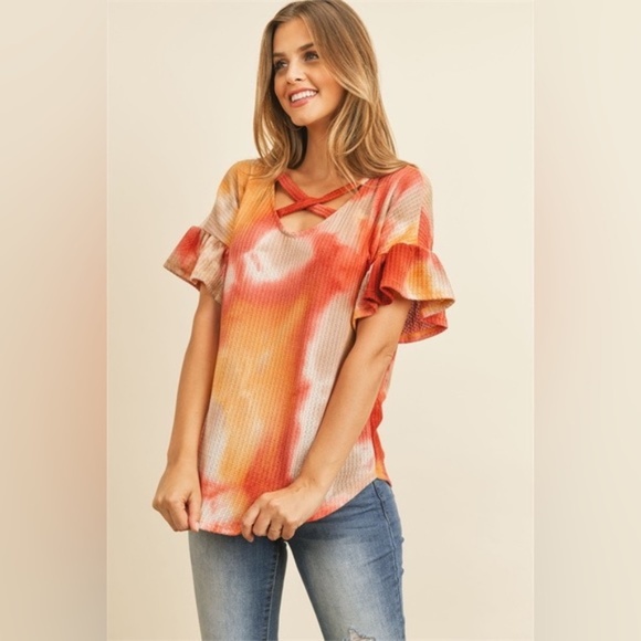 S M XL CRISS CROSS NECK RUFFLE SLEEVE TIE DYE WAFFLE TOP - Picture 6 of 6